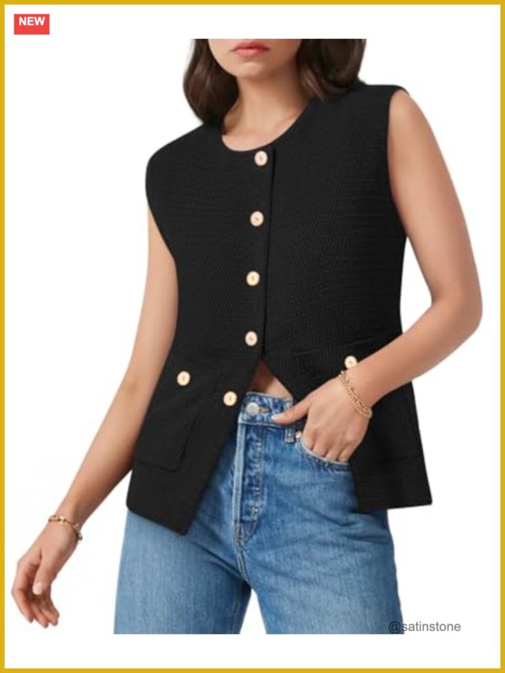 Sleeveless Button Down Knit Sweater Vest with Pockets